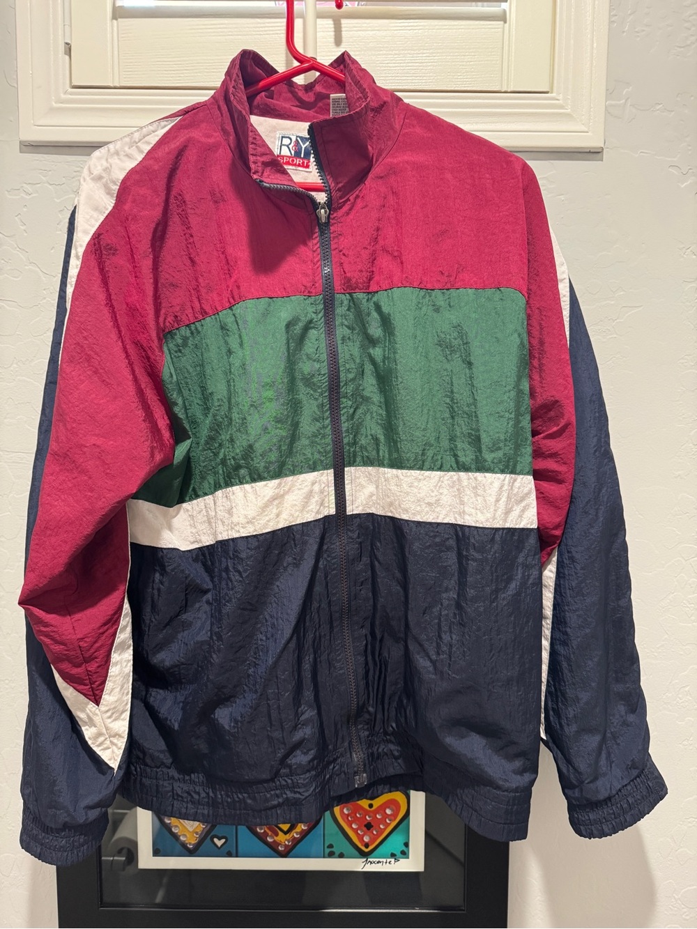 Vintage R&Y Sport Men's Colorblock Windbreaker Jacket - Burgundy/Green/Navy